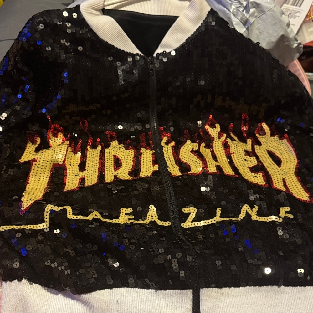 Sequin Bomber Jacket With Flame Design - image 1